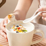 Tasse et cuillère en céramique avec petit chat et couvercle en bambou Three Hugs - Puériculture, Mode et Accessoires de bébé